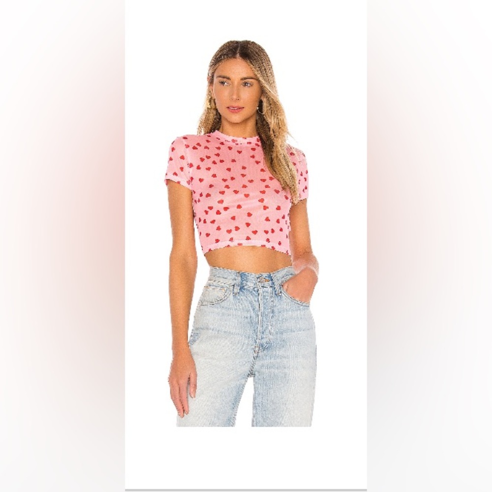 Superdown Pink Heart Tania Cropped Mesh Top